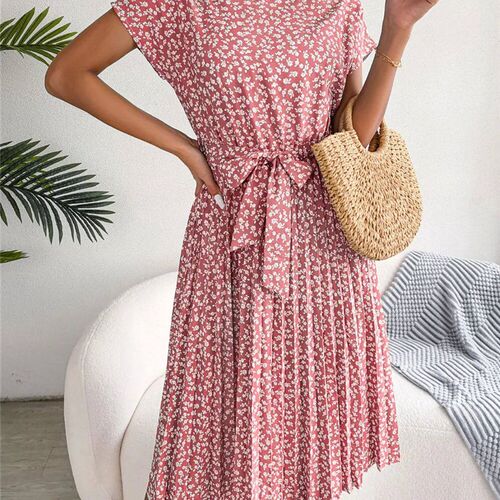 Ficusrong Fashion Floral Pleated A Line Long Dress Women Spr