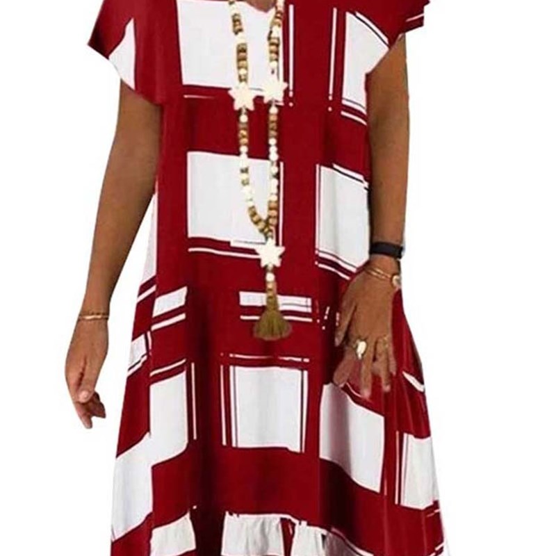 Summer Lattice Print Casual Dress Womens V-neck Short图片