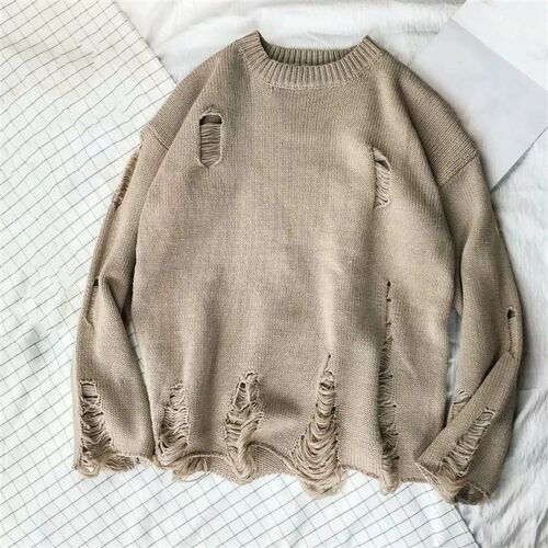 Men Wash Hole Ripped Knit Sweaters Solid Color Ripped O Neck