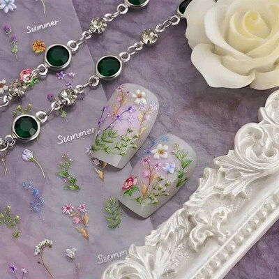 1pc Flower Nail ers Summer Floral Leaf Plant 5D Embossed Nai