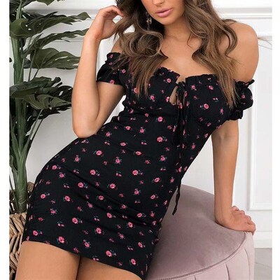 Women Floral Wrap Dress Off Shoulder Tie Up Front Ruffle Min