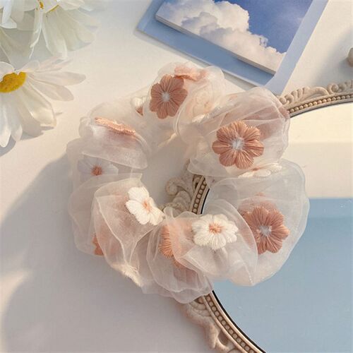 Sweet Embroidery Flowers Mesh Scrunchies Women Romantic Pink