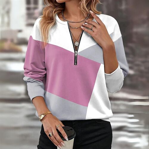 2025color Matching Loose Zipper V-neck Womens Style In Stoc