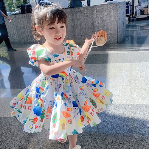 Summer Girls Dress 2023 New Puff Sleeve Casual Cartoon Part