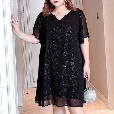 Plus Size 5XL 150KG Women Black Sequins Dressess Summer Shor