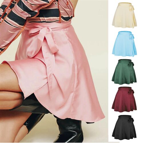 Women Skirts Satin Wrap Skirt Bandage Tie Waist Asymmetry