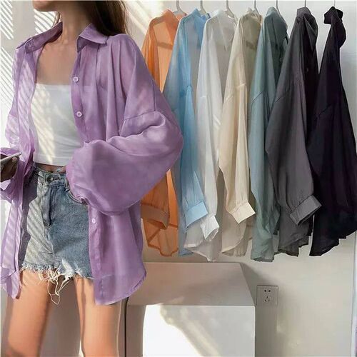 Summer Thin Shirts Women Loose Chiffon Long Sleeve Top Basic