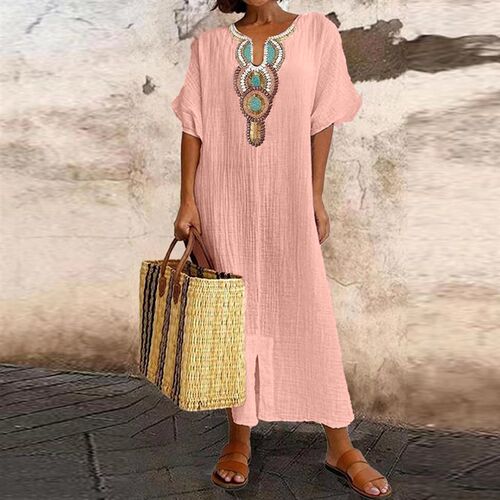 Cotton Linen Dress for Women  Casual Pullover Elegant Midi