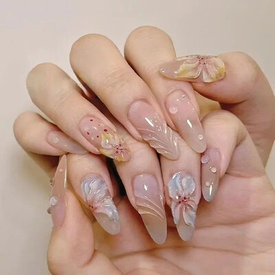 24pcs Almond Press on Nails Flower False Nails Wearable Stic