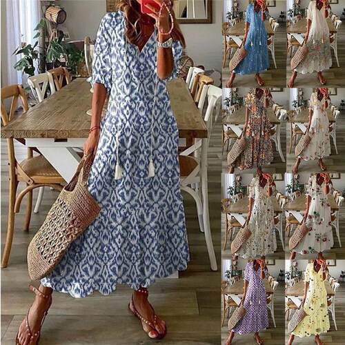 2025 Casual Sweet Loose V-neck Printed Sling Mid-sleeve Long