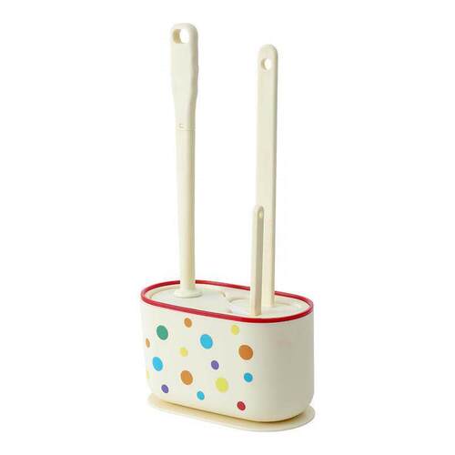 Cream-colored wall-mounted toilet brush with base, long hand