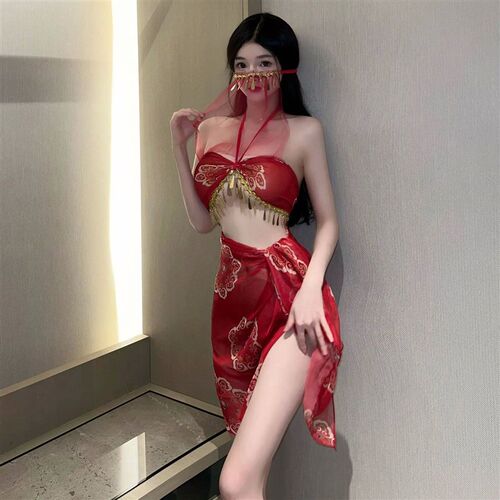 Erotic Belly Dance Dress See Though Red Hanfu Halter