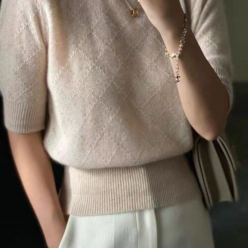 Cashmere knit short sleeve womens bottom loose  half sleeve