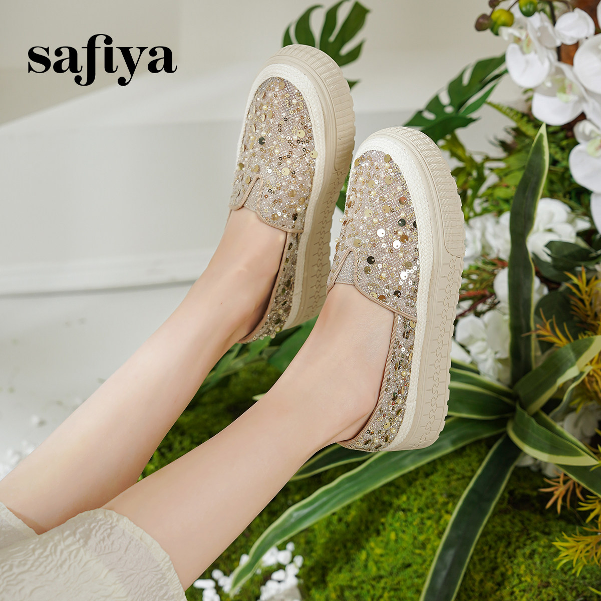 索菲娅厚底渔夫鞋女春季新款编织透气蕾丝亮片休闲一脚蹬平底单鞋