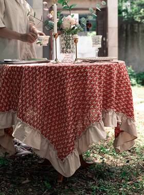 刺绣花立体式荷边美餐桌布艺纯棉复HJV叶古台布方桌罩高品质圆形