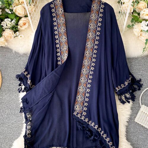 2023 New Bohemian Retro Ethnic Print Sunscreen Shirt ops Thi