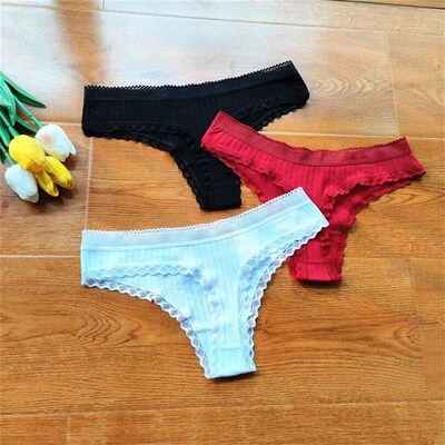 3pcs Ruffles Lace Low Waist Ribbed Cotton Thong Solid Color