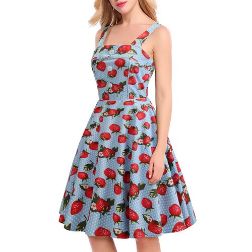 Strawberry Printed Vintage Summer Dresses Women Swing Robe