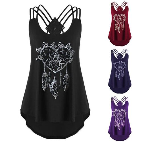Fashion Love Print Tank Tops Women Lace Tops Strappy tshirt