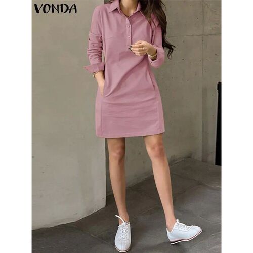 VONDA Women Dress Summer Elegant Long Sleeve Solid Color