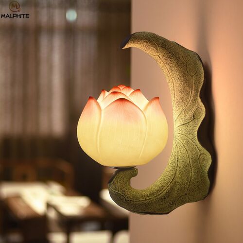 New Chinese Resin Lotus Wall Lamp Study Bedroom Fixtures Cor