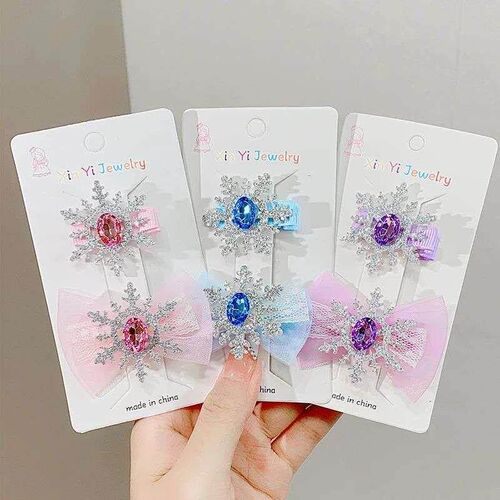 2PCS/set Cute Rhinestone Snowflake Chiffon Bow Hair Clips Fo