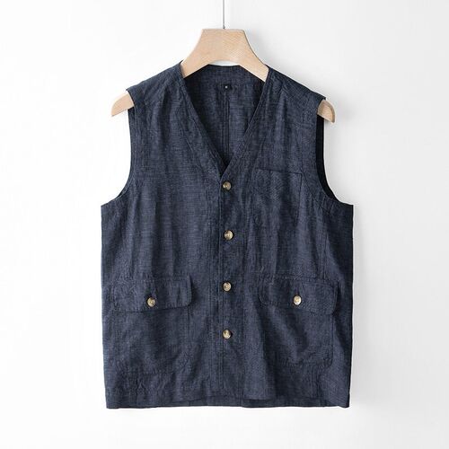 Japanese Fashion Casual Linen Vest Mens Thin Loose Waistcoa