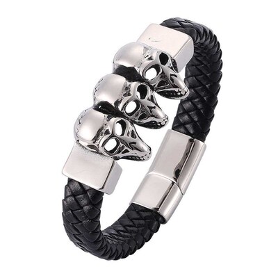 Accessories Woven 3 Skull Leather Brlet Titanium Steel Mens