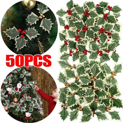 New Christmas Holly Leaves Artificial Red Berries DIY Christ