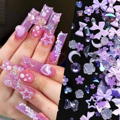 100/200pcs 3D Mixed Nail Decorations Kawaii Heart Flower Bea