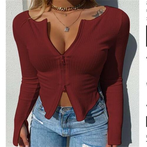 Women Front Zipper Ribbed Crop Top Autumn Solid  Zip Long Sl
