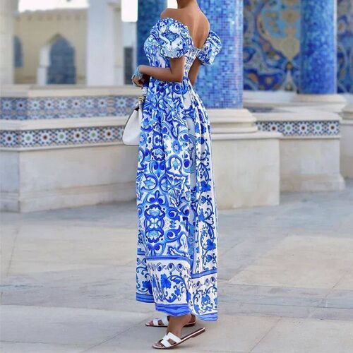 BAMBOOBOY Summer Print Waist Pleated Backless Dress Women