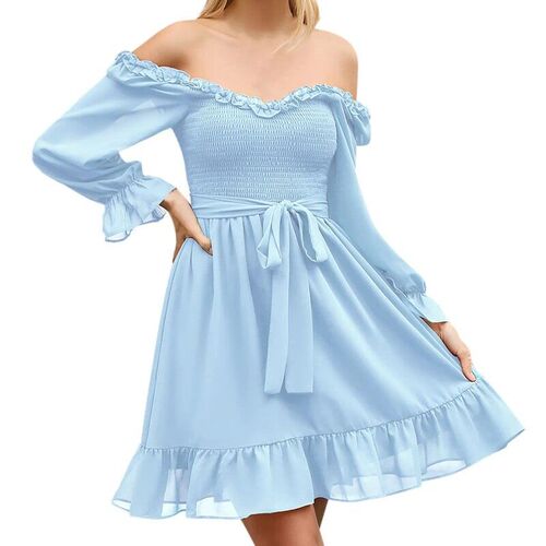 LadyS Chiffon Dress Casual Long Sleeves Square Neck Soli