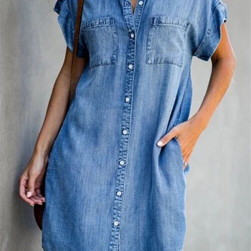 Plus Size XL Oversized Denim Dress Women Short Sleeve