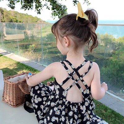 New Children Girls Splicing Daisy Dress Summer Kids Backless