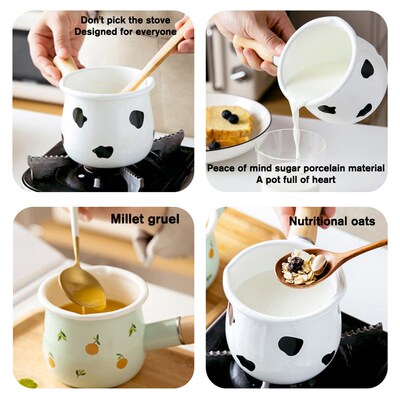 550ml Enamel Milk Pot Wooden Handle Gas Stove Induction Cook