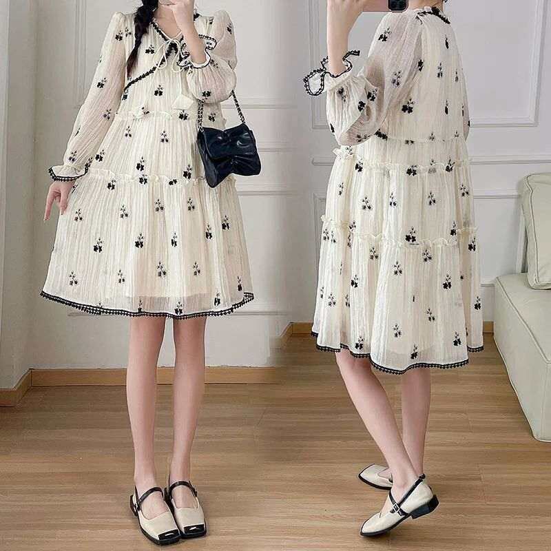 Autumn Maternity Dress Fashion Printed Ruffles Patchwork Pre图片