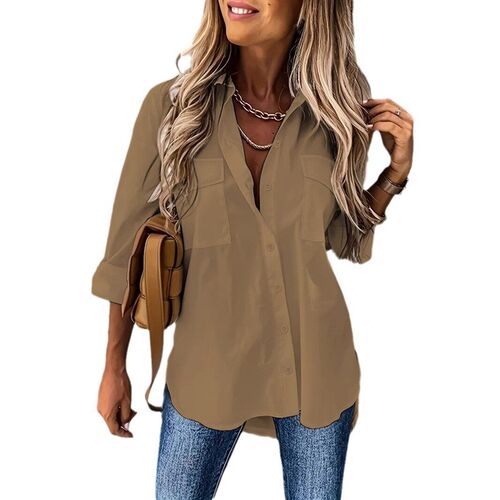 2025 Womens Four-match Loose Long-sleeved Lapel Shirt Top