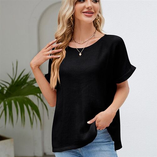 2025 Round Neck tton Linen Shirt Womens Short-sleeved Loose