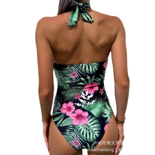 One piece hanging neck one-piece bikini swimsuit printed
