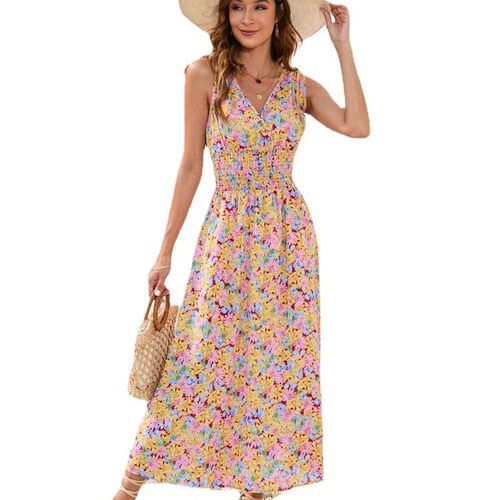 Spring and summer womens waist flower waist dress V-neck st