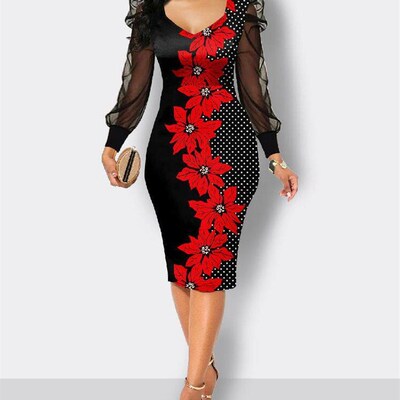 Digital Sexy Womens V-neck Mesh Sleeve Dress Slim-fit Slimm
