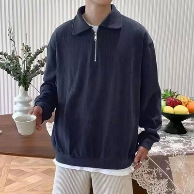 Lapel Zipper Sweater Mens Knitwear Solid Color Pullover