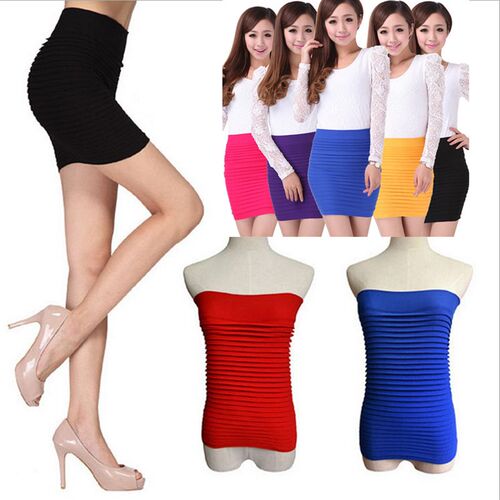Summer Women High Waist Skirt Solid Color Elastic Pleated