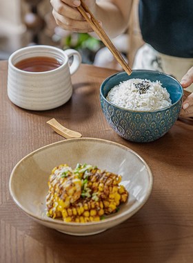 巷子尾19.99两个雀纹饭碗5英寸浮雕陶瓷碗复古窑变大饭碗装