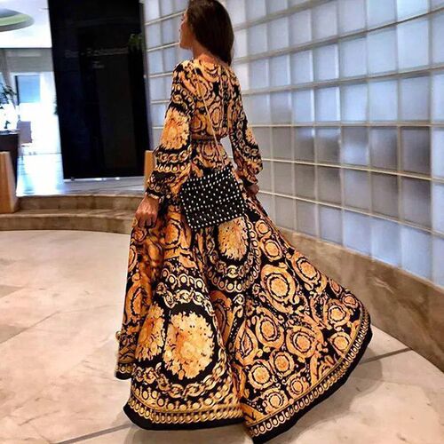 Womens Boho V-Neck Printed Sundress Long Maxi Dress for Summ