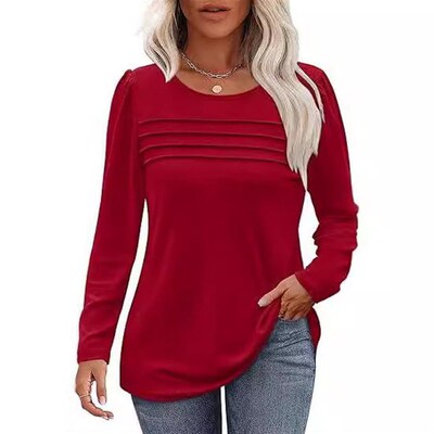 2025 Womens Round Neck Long Sleeve Tuck Line Pleated Top