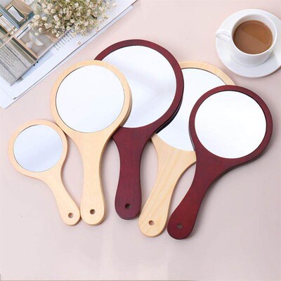 Round Wood Vintage Hand Mirror Makeup Vanity Mirror Portable