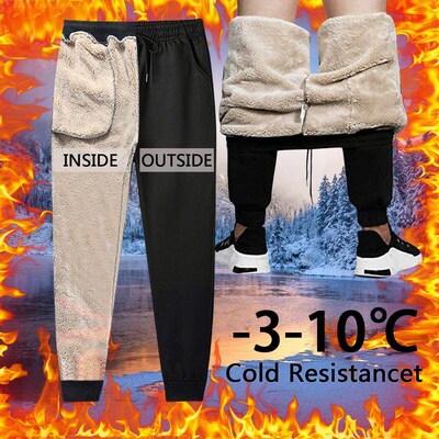 Winter Pants Men Fur Lined Joggers Thick Sweatpants Drawstri