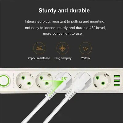 2500W EU Plug AC Outlet Multiprise Power Strip Extension Cor